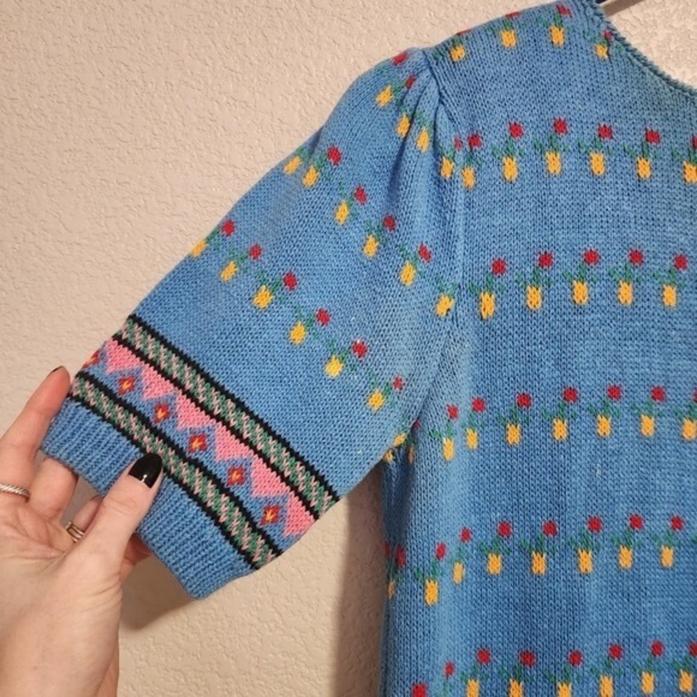ROBERT SCOTT LTD floral patterned knit top blue grandmacore retro size S - Picture 7 of 7